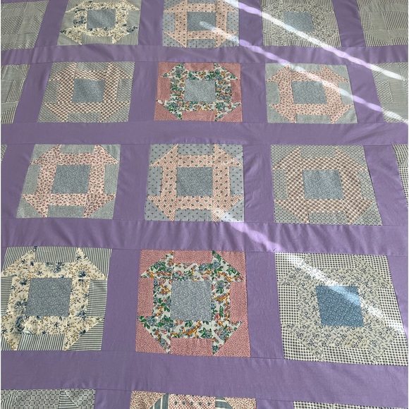 Pale blue/lavender queen size quilt top made with vintage and new fabrics